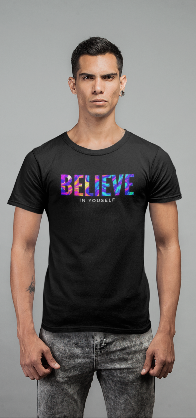 Man wearing a black t-shirt with 'BELIEVE IN YOURSELF' text on a gray background