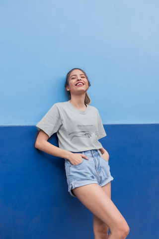 White t-shirt with graphic design and text on a white background