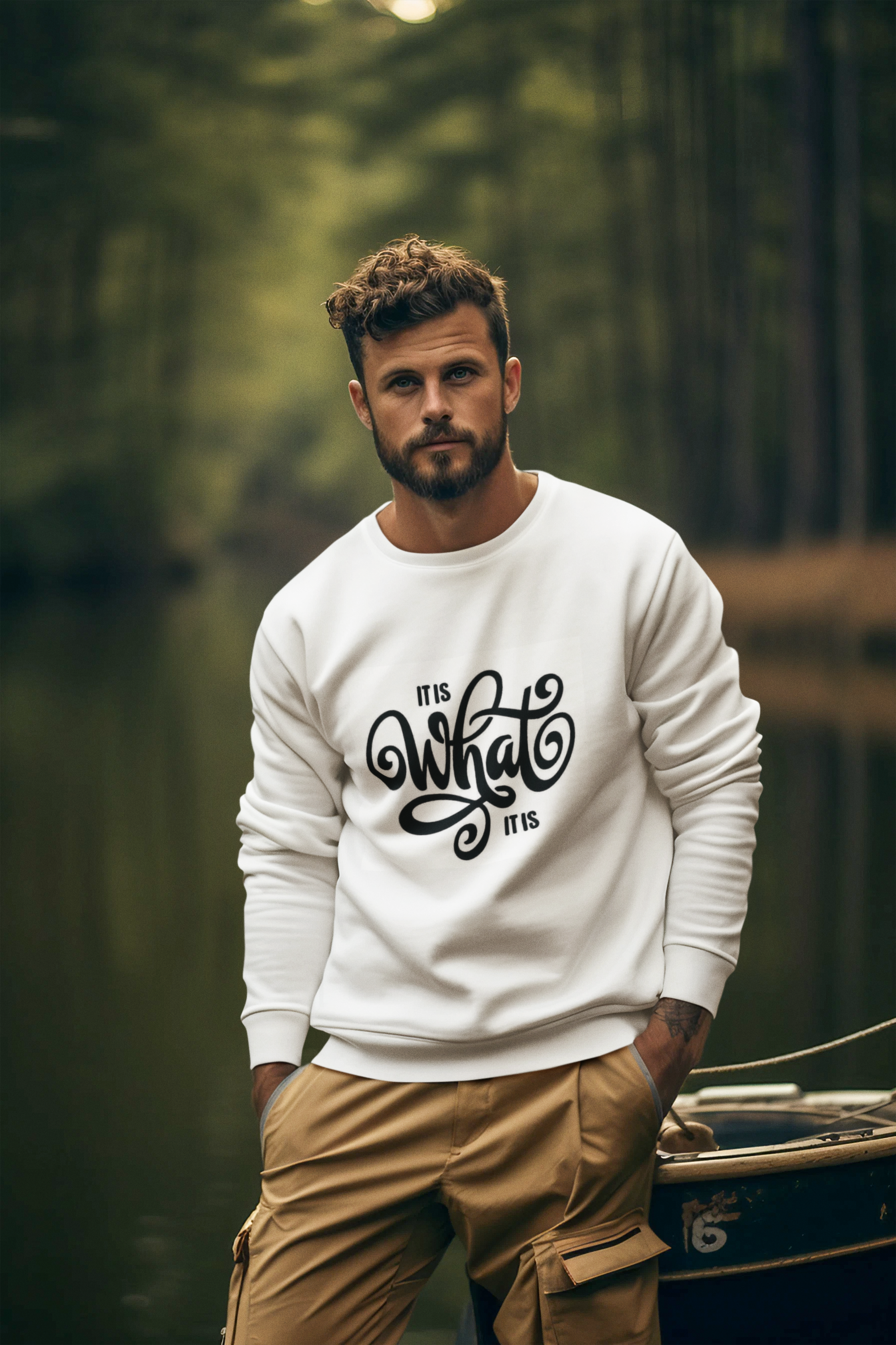 Man wearing a white sweatshirt with text in a forest setting