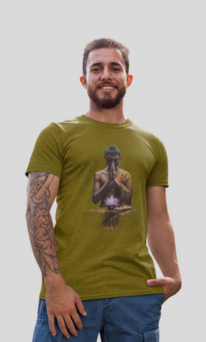 Man wearing a green t-shirt with a Buddha graphic on a plain background